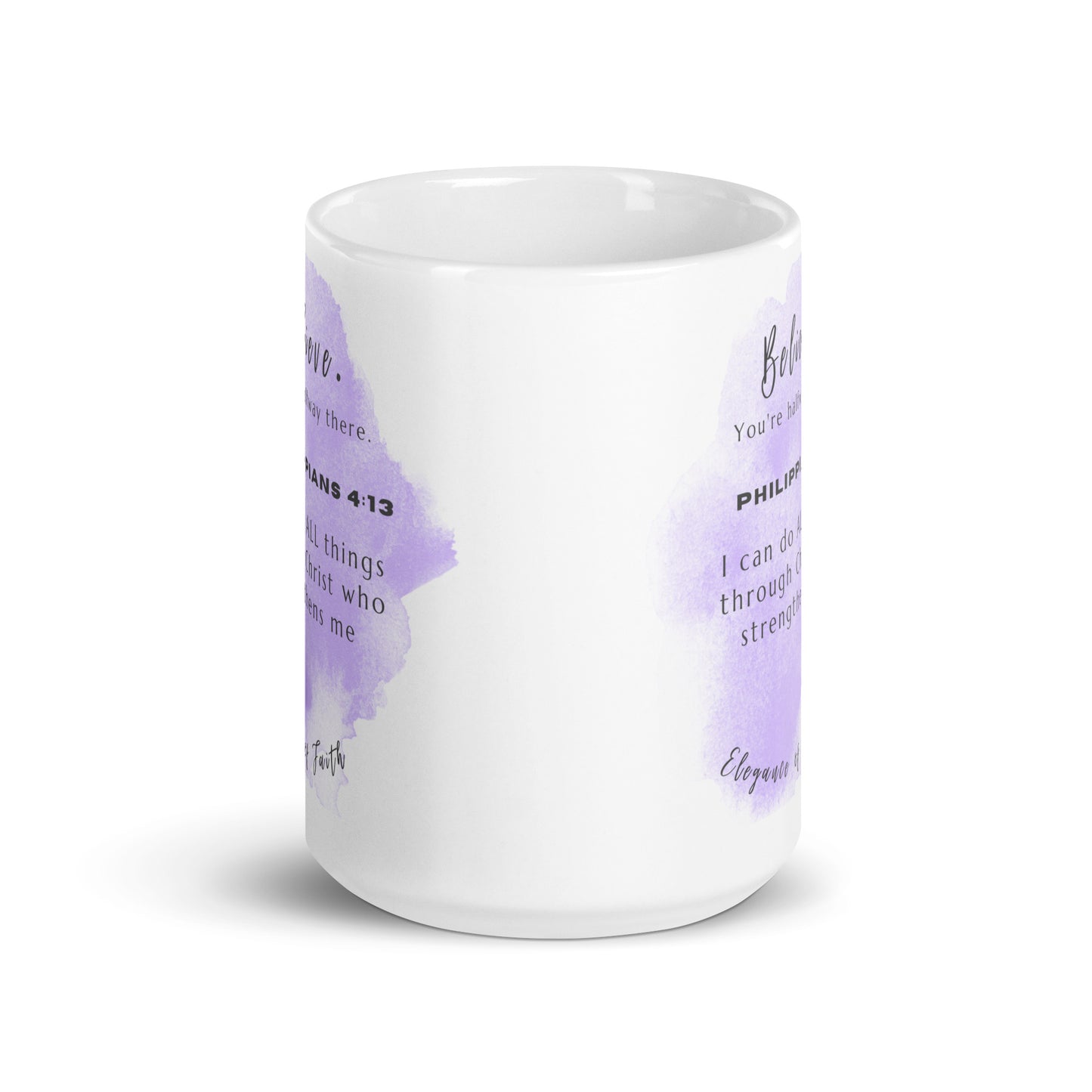 Purple Believe Philippians 4:13 White glossy mug