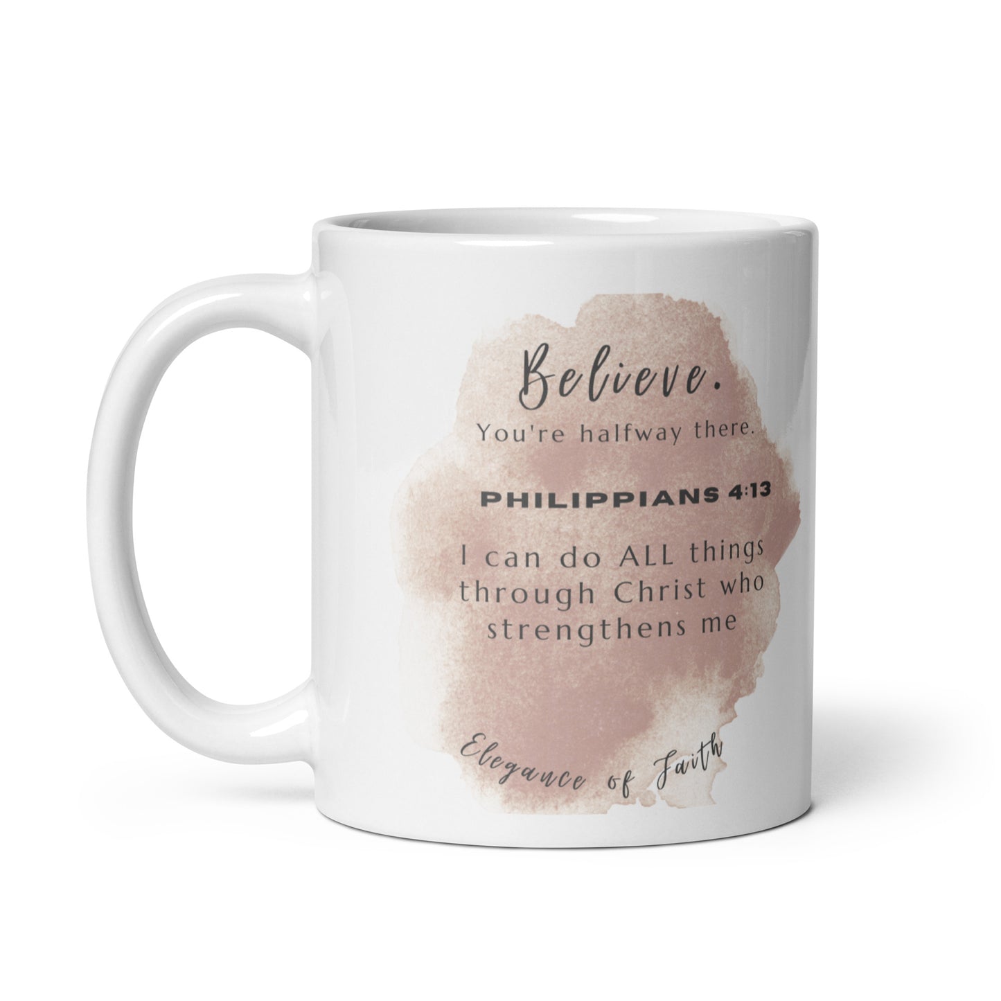Sandy Believe Philippians 4:13 White glossy mug