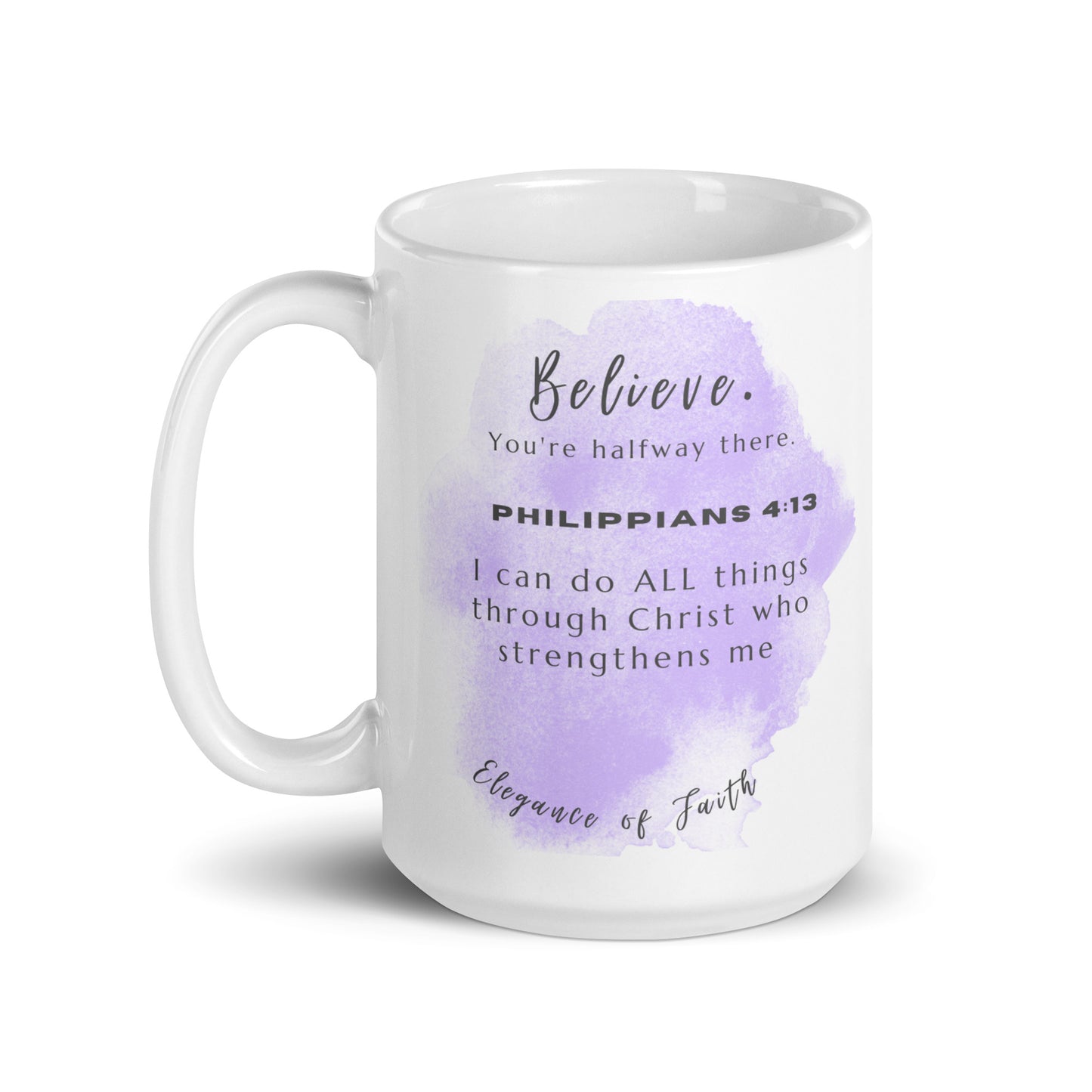 Purple Believe Philippians 4:13 White glossy mug